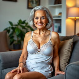 An elderly woman wearing a stylish bra and panty set, sitting elegantly in a cozy living room