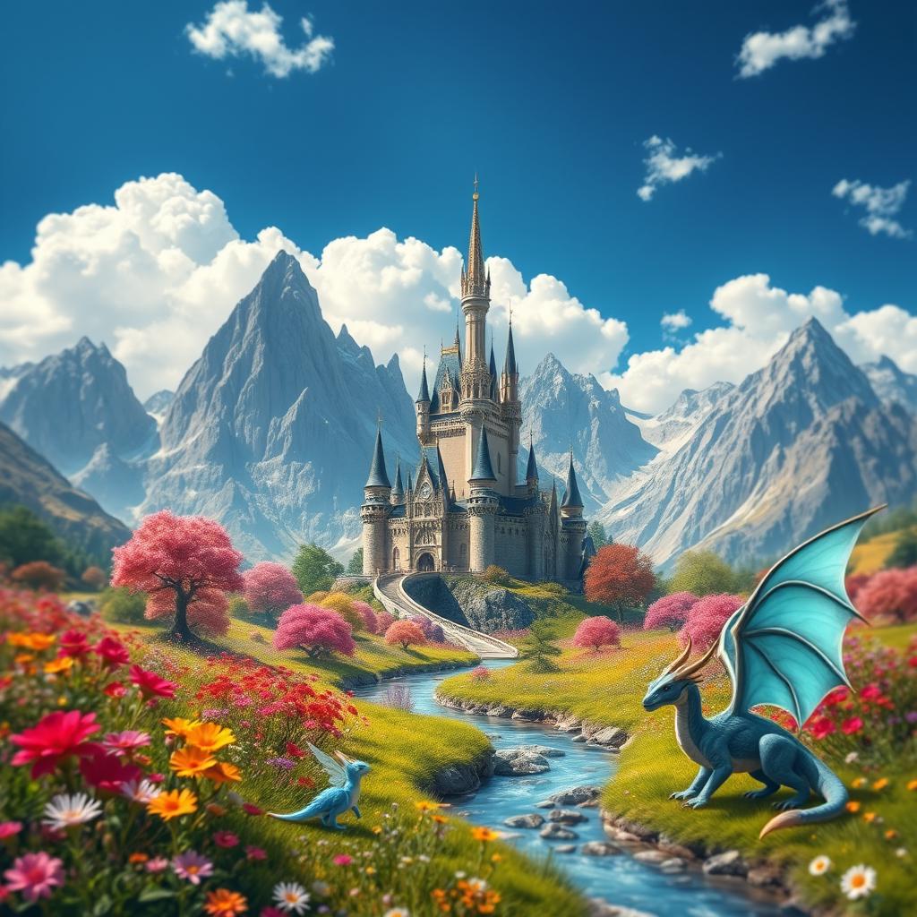 A stunning fantasy landscape featuring a majestic castle surrounded by vibrant, colorful flowers and tall, majestic mountains in the background