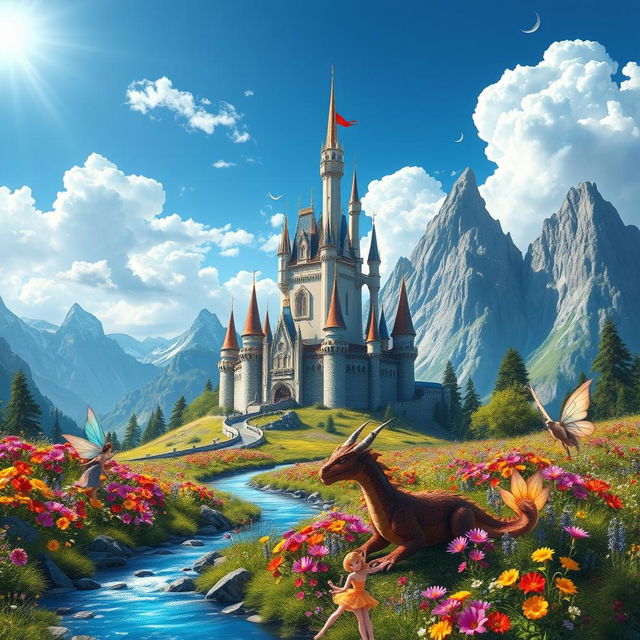 A stunning fantasy landscape featuring a majestic castle surrounded by vibrant, colorful flowers and tall, majestic mountains in the background