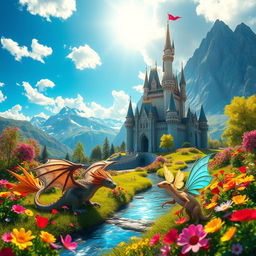 A stunning fantasy landscape featuring a majestic castle surrounded by vibrant, colorful flowers and tall, majestic mountains in the background