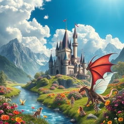 A stunning fantasy landscape featuring a majestic castle surrounded by vibrant, colorful flowers and tall, majestic mountains in the background