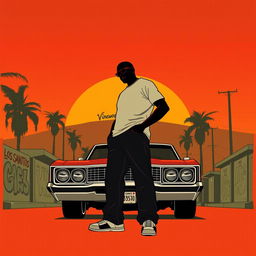 A minimalistic poster inspired by San Andreas, featuring the silhouette of Carl "CJ" Johnson standing confidently in front of a classic lowrider car with hydraulics