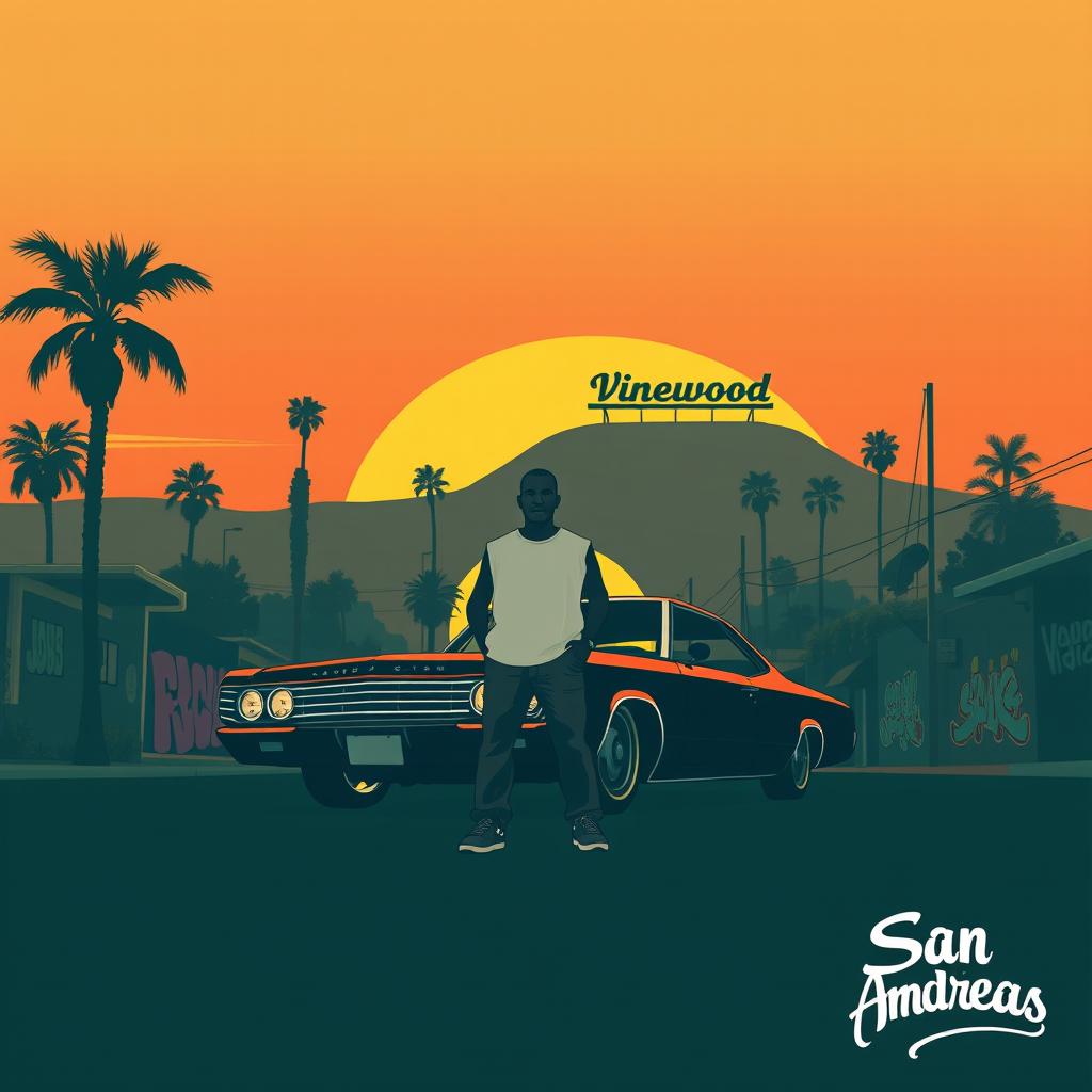 A minimalistic poster inspired by San Andreas, featuring the silhouette of Carl "CJ" Johnson standing confidently in front of a classic lowrider car with hydraulics