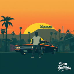 A minimalistic poster inspired by San Andreas, featuring the silhouette of Carl "CJ" Johnson standing confidently in front of a classic lowrider car with hydraulics