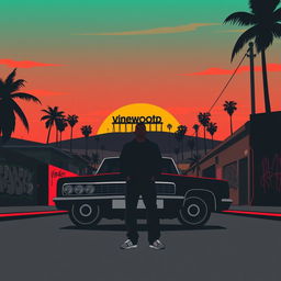 A minimalistic poster inspired by San Andreas, featuring the silhouette of Carl "CJ" Johnson standing confidently in front of a classic lowrider car with hydraulics