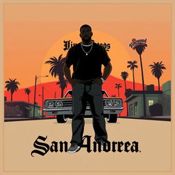 A minimalistic poster inspired by San Andreas, featuring the silhouette of Carl "CJ" Johnson standing confidently in front of a classic lowrider car with hydraulics