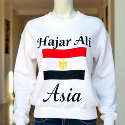 A cozy white women's sweater featuring a stylish design with the name 'Hajar Ali' prominently printed across the chest