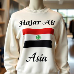 A cozy white women's sweater featuring a stylish design with the name 'Hajar Ali' prominently printed across the chest