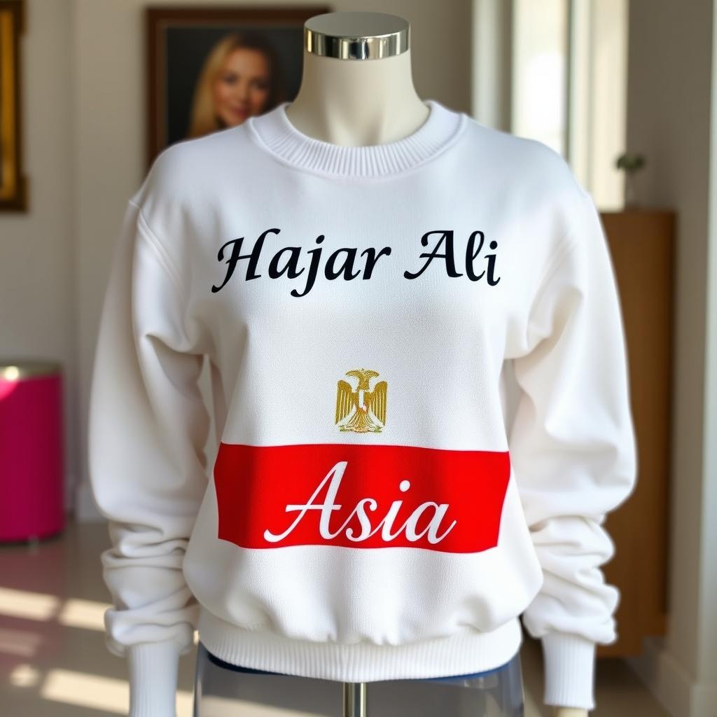 A cozy white women's sweater featuring a stylish design with the name 'Hajar Ali' prominently printed across the chest