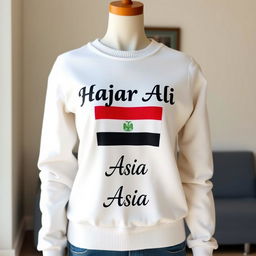 A cozy white women's sweater featuring a stylish design with the name 'Hajar Ali' prominently printed across the chest