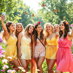 A vibrant and playful scene featuring a group of young women enjoying a sunny day in a beautiful outdoor setting, surrounded by blooming flowers and lush greenery
