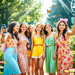 A vibrant and playful scene featuring a group of young women enjoying a sunny day in a beautiful outdoor setting, surrounded by blooming flowers and lush greenery