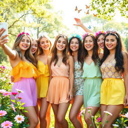 A vibrant and playful scene featuring a group of young women enjoying a sunny day in a beautiful outdoor setting, surrounded by blooming flowers and lush greenery