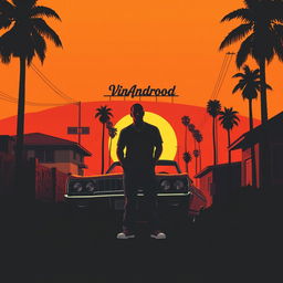 A minimalistic poster inspired by San Andreas, featuring the silhouette of Carl "CJ" Johnson standing confidently in front of a classic lowrider car with hydraulics