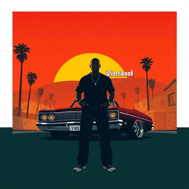 A minimalistic poster inspired by San Andreas, featuring the silhouette of Carl "CJ" Johnson standing confidently in front of a classic lowrider car with hydraulics