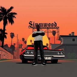 A minimalistic poster inspired by San Andreas, featuring the silhouette of Carl "CJ" Johnson standing confidently in front of a classic lowrider car with hydraulics