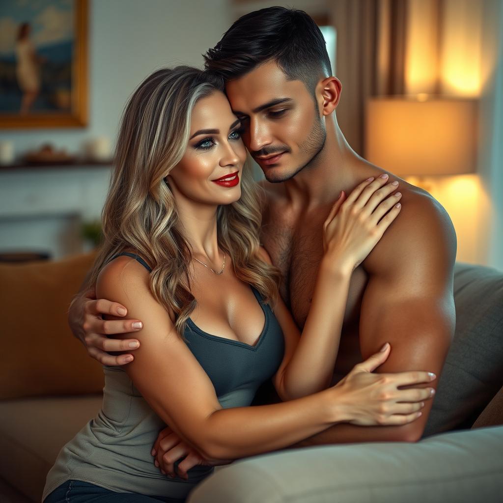 A romantic and intimate scene featuring a beautiful, mature woman with elegant features, in a cozy living room setting that exudes warmth and comfort