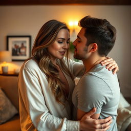 A romantic and intimate scene featuring a beautiful, mature woman with elegant features, in a cozy living room setting that exudes warmth and comfort