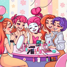 A playful cartoon-style illustration featuring a group of stylish young women engaged in a fun makeup and skincare session in a vibrant room