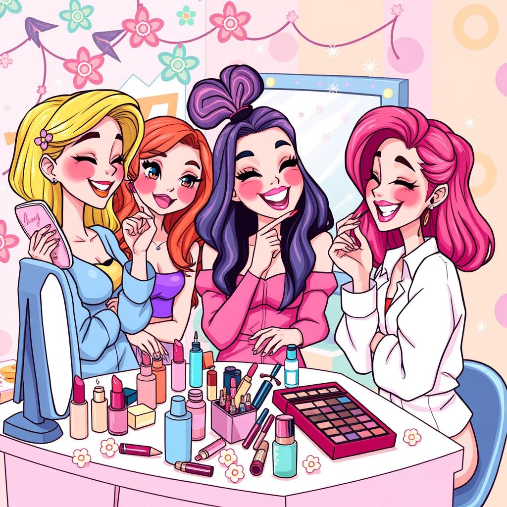 A playful cartoon-style illustration featuring a group of stylish young women engaged in a fun makeup and skincare session in a vibrant room