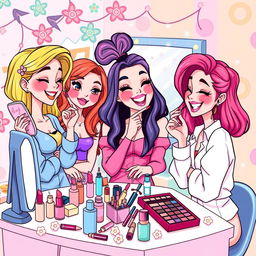 A playful cartoon-style illustration featuring a group of stylish young women engaged in a fun makeup and skincare session in a vibrant room