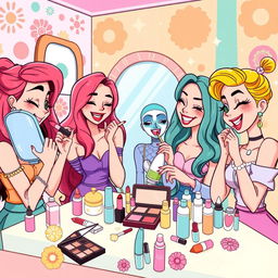 A playful cartoon-style illustration featuring a group of stylish young women engaged in a fun makeup and skincare session in a vibrant room