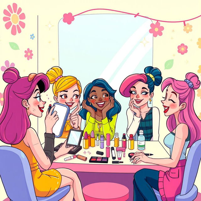 A playful cartoon-style illustration featuring a group of stylish young women engaged in a fun makeup and skincare session in a vibrant room