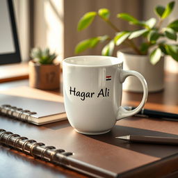 A white tea cup featuring the name 'Hagar Ali' printed on it alongside the flag of the Arab Republic of Egypt, elegantly placed on a stylish office desk