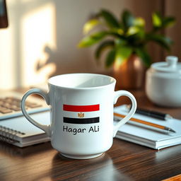 A white tea cup featuring the name 'Hagar Ali' printed on it alongside the flag of the Arab Republic of Egypt, elegantly placed on a stylish office desk