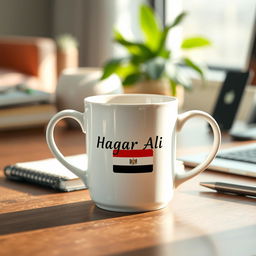 A white tea cup featuring the name 'Hagar Ali' printed on it alongside the flag of the Arab Republic of Egypt, elegantly placed on a stylish office desk
