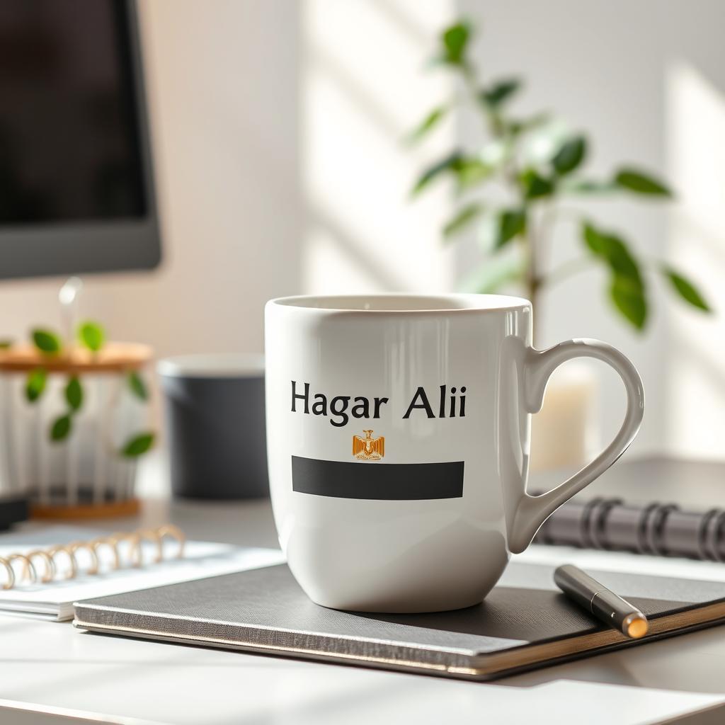 A white tea cup featuring the name 'Hagar Ali' printed on it alongside the flag of the Arab Republic of Egypt, elegantly placed on a stylish office desk
