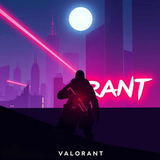 A minimalistic poster inspired by Valorant, showcasing the silhouette of an agent holding a glowing weapon while standing against a futuristic cityscape characterized by sharp architectural lines