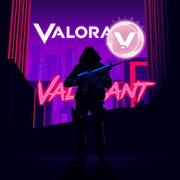 A minimalistic poster inspired by Valorant, showcasing the silhouette of an agent holding a glowing weapon while standing against a futuristic cityscape characterized by sharp architectural lines