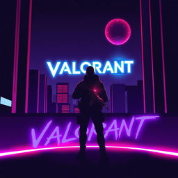 A minimalistic poster inspired by Valorant, showcasing the silhouette of an agent holding a glowing weapon while standing against a futuristic cityscape characterized by sharp architectural lines