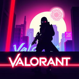 A minimalistic poster inspired by Valorant, showcasing the silhouette of an agent holding a glowing weapon while standing against a futuristic cityscape characterized by sharp architectural lines