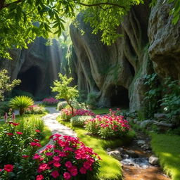 A serene garden scene named Khyati, featuring lush greenery with vibrant flowers in full bloom, surrounded by towering caves with intricate rock formations