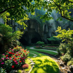 A serene garden scene named Khyati, featuring lush greenery with vibrant flowers in full bloom, surrounded by towering caves with intricate rock formations
