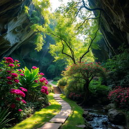 A serene garden scene named Khyati, featuring lush greenery with vibrant flowers in full bloom, surrounded by towering caves with intricate rock formations