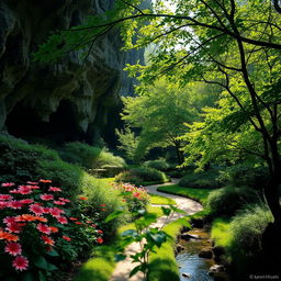 A serene garden scene named Khyati, featuring lush greenery with vibrant flowers in full bloom, surrounded by towering caves with intricate rock formations