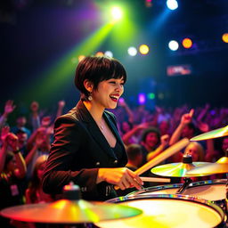 A young woman with short black hair energetically playing drums at a vibrant concert