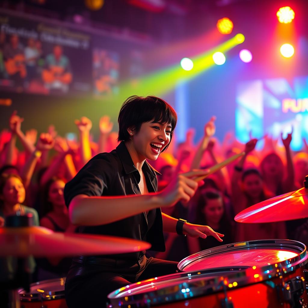 A young woman with short black hair energetically playing drums at a vibrant concert