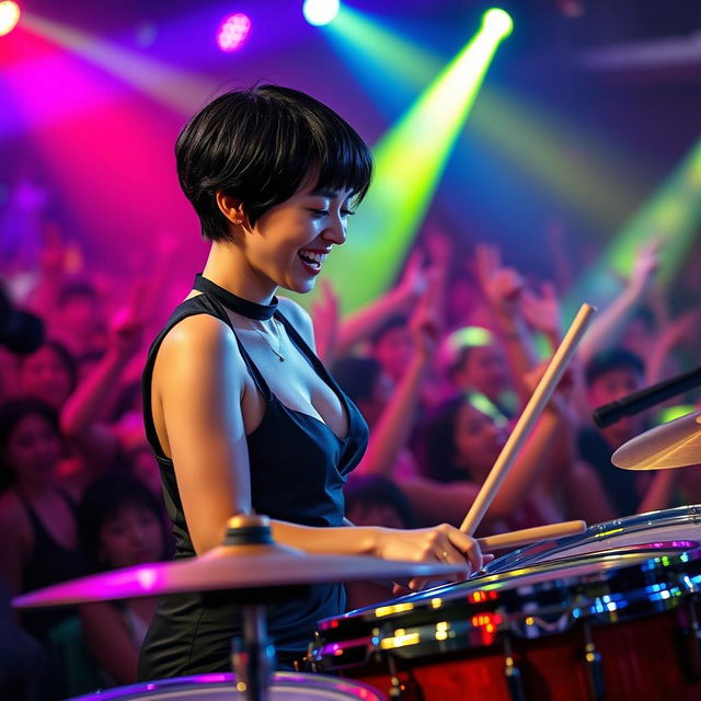 A young woman with short black hair energetically playing drums at a vibrant concert