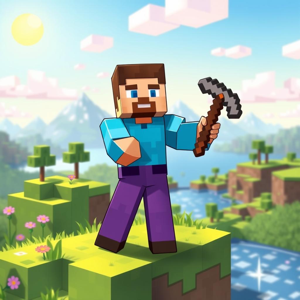 A detailed illustration of a Minecraft character, Steve, wearing a vibrant blue shirt and purple pants, standing confidently in a blocky, pixelated world