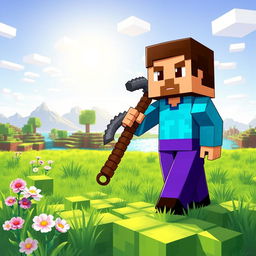 A detailed illustration of a Minecraft character, Steve, wearing a vibrant blue shirt and purple pants, standing confidently in a blocky, pixelated world