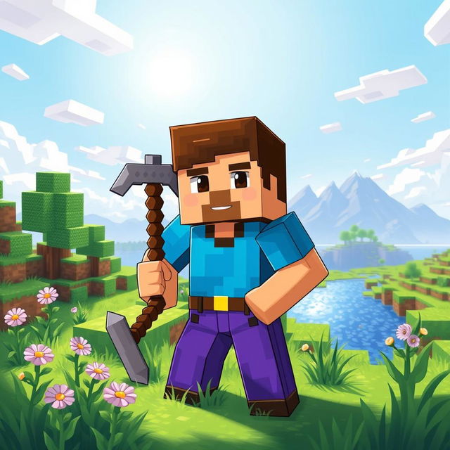 A detailed illustration of a Minecraft character, Steve, wearing a vibrant blue shirt and purple pants, standing confidently in a blocky, pixelated world