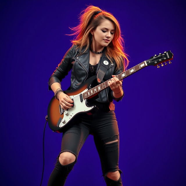 A female rock musician playing an electric guitar, wearing stylish rock clothing such as a black leather jacket, ripped jeans, and edgy accessories