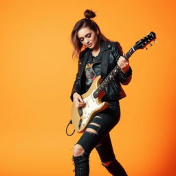 A female rock musician playing an electric guitar, wearing stylish rock clothing such as a black leather jacket, ripped jeans, and edgy accessories