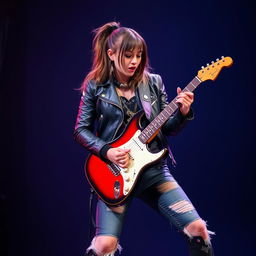 A female rock musician playing an electric guitar, wearing stylish rock clothing such as a black leather jacket, ripped jeans, and edgy accessories