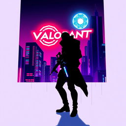 A minimalistic poster inspired by Valorant, featuring the silhouette of an agent holding a glowing weapon, positioned against a stunning futuristic cityscape marked by sharp architectural lines