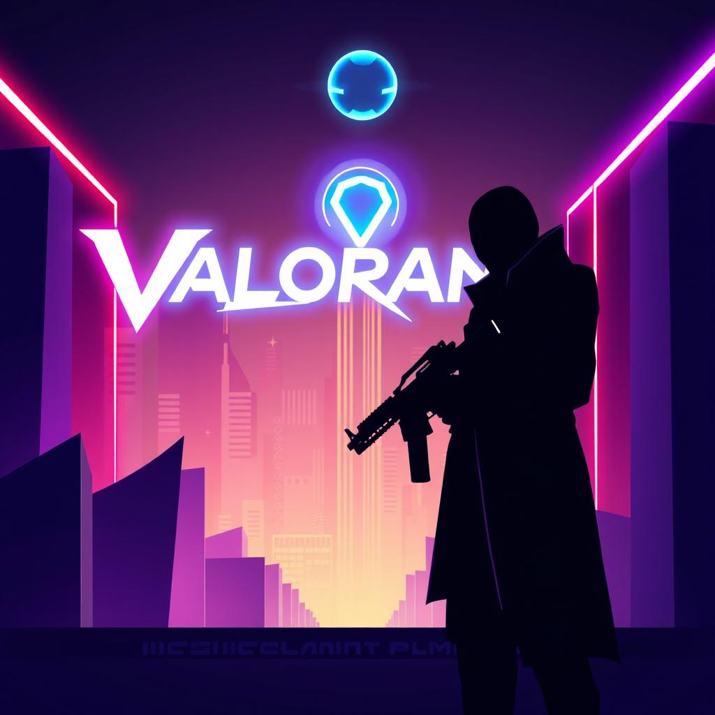 A minimalistic poster inspired by Valorant, featuring the silhouette of an agent holding a glowing weapon, positioned against a stunning futuristic cityscape marked by sharp architectural lines